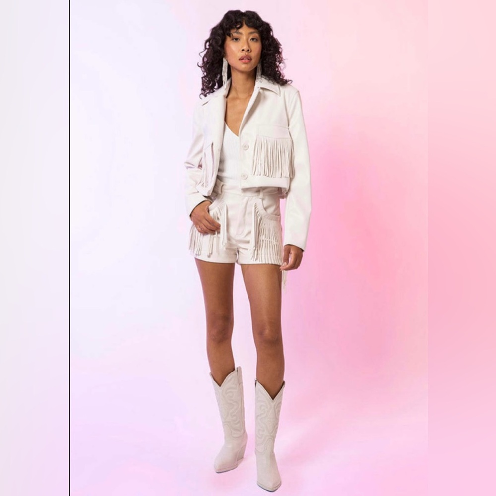 NWOT MSRP $190 Line & Dot Selena Faux Leather Fringe Jacket SHORTS DIFF LISTNG